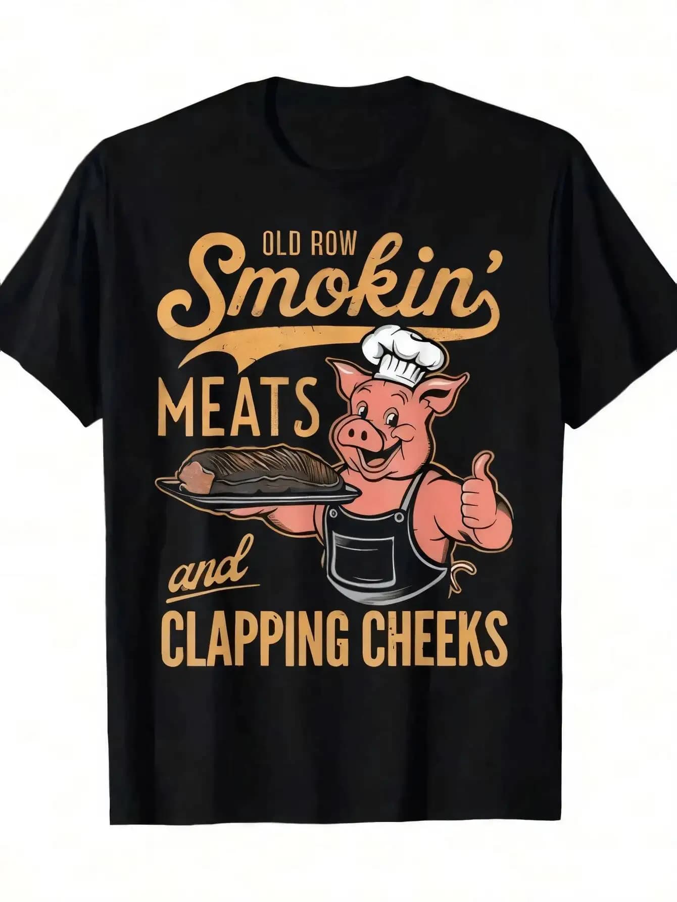 SMOKING MEATS CLAPPING CHEEKS HALLOWEEN CHRISTMAS Ideal Gift, Men's Outdoor T-Shirt, Black Casual Short-Sleeved Crew Neck 100% Cotton Trendy Y2K Short-Sleeve Tee-Soft, Quick-Drying, Moisture-Wicking, Great Gift for Christmas or Halloween.