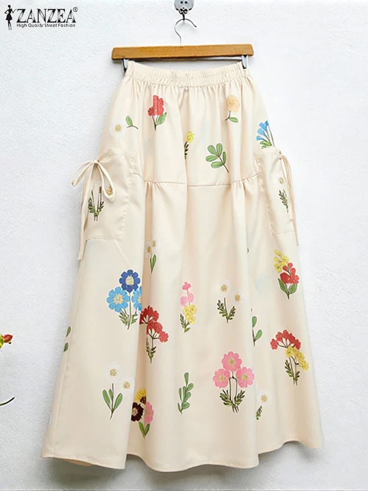 2025 ZANZEA Women's Fashion Maxi Gonne Autumn Long Pants Floral Print Elastic Waist Casual Oversize Jupes Faldas Saia