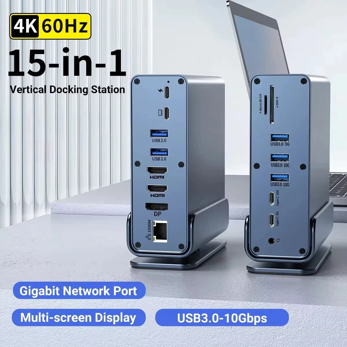 Docking station type C Hub 15 in 1 4K to 60 Hz HDMI DisplayPort USB to RJ45 SD TF 3.5mm audio port adapter for MacBook Pro Laptop PC