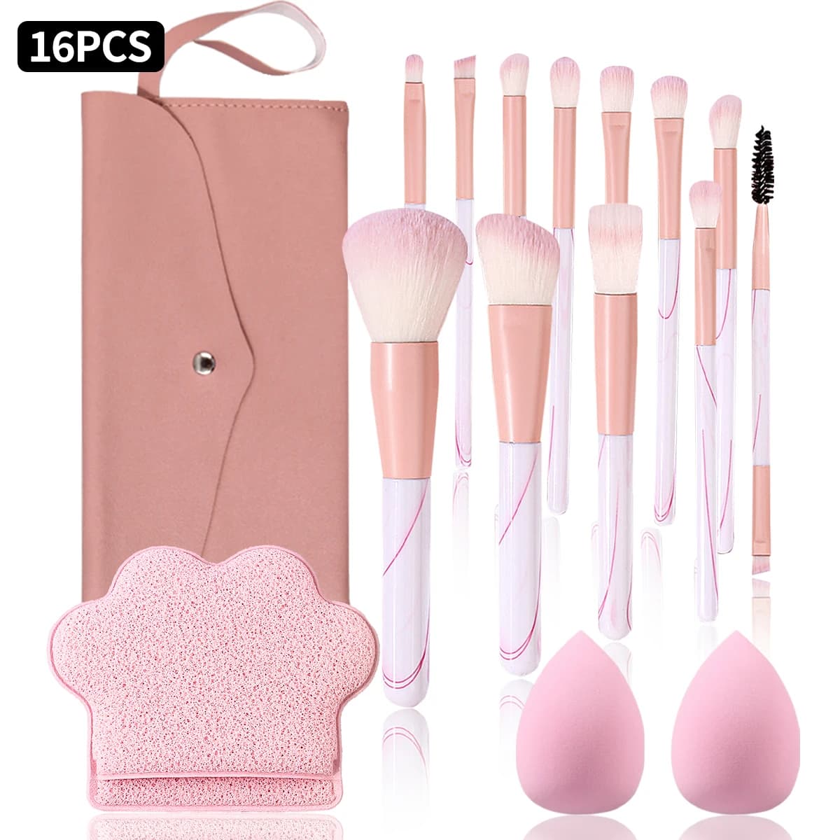 16Pcs Pink Makeup Brushes Set with Storage Bag Beauty Sponge Sponge Pad Soft Synthetic Foundation Powder Eyeshadow Cosmetic Tool