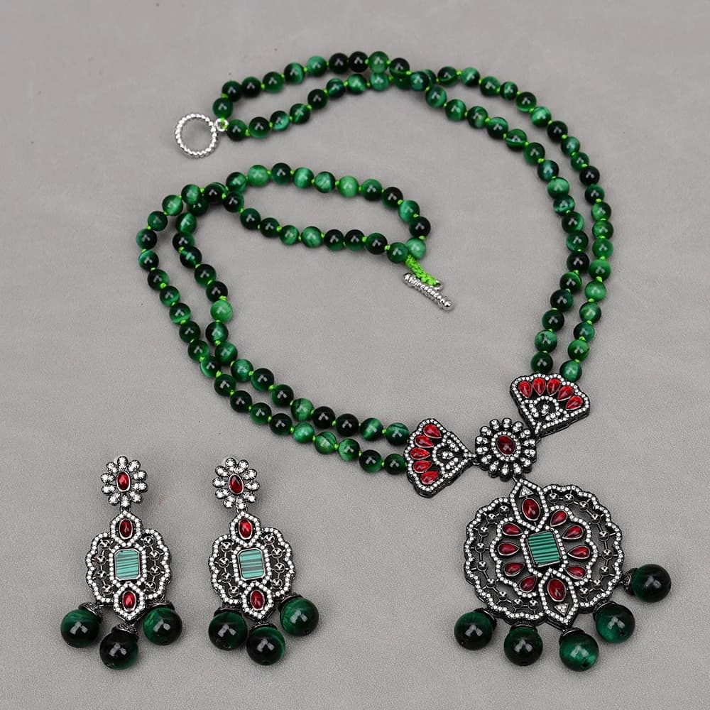 GG Set di castoni occhio di tigre verde naturale Gunmetal CZ Pave Connector Collana Orecchini Set Gioielli da donna