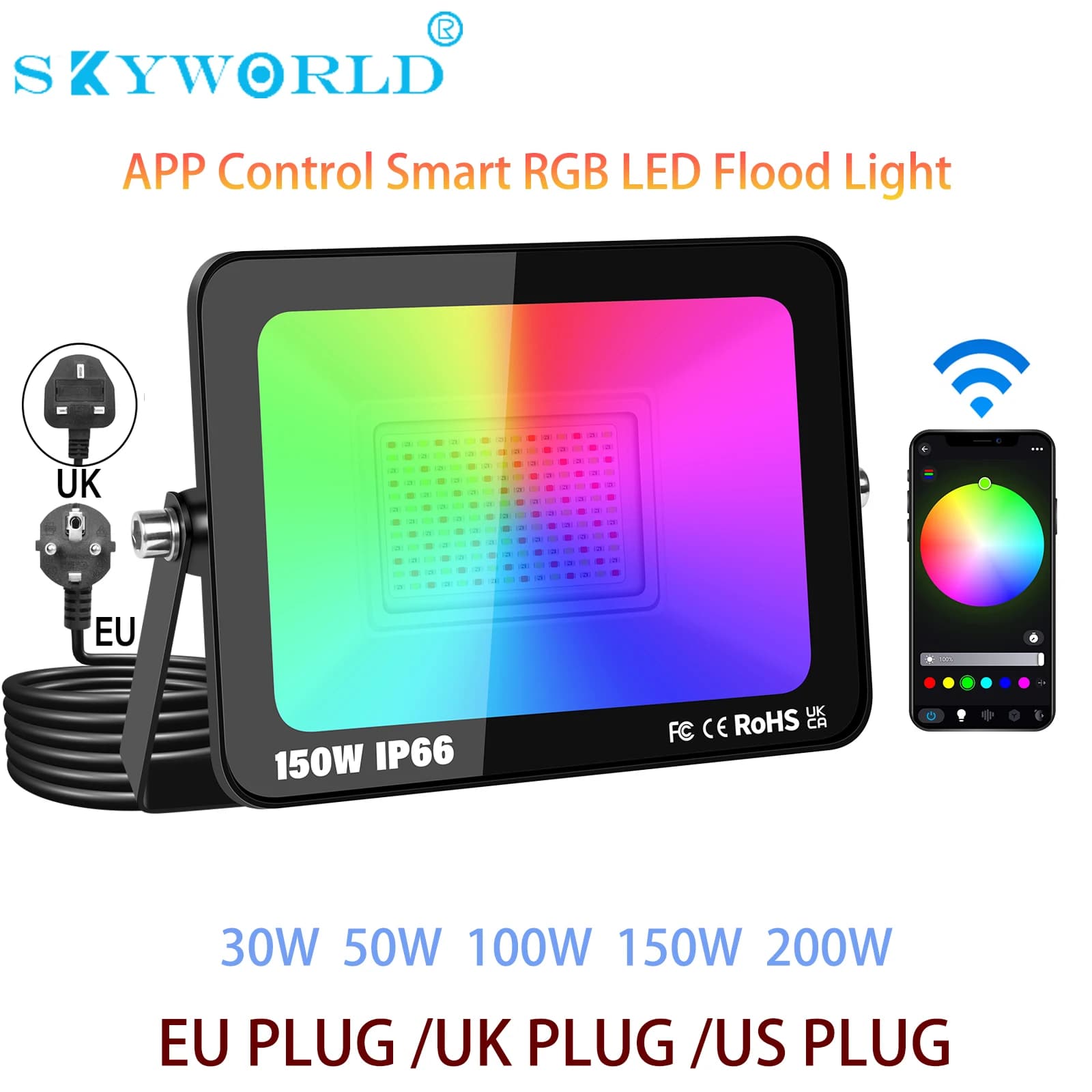 SKYWORLD APP Proiettore intelligente RGB con spina 16 milioni di colori Connettività wireless regolabile Illuminazione da giardino per esterni