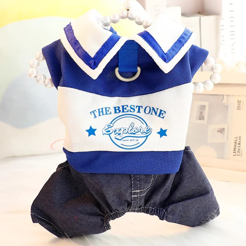 Spring Autumn Thin Dog Clothes Cat Preppy Style, British Casual Leash 4-Leg Pet Apparel for Small Dogs & Teddy Puppies