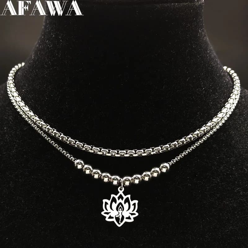 2024 Moda Yoga Lotus Collana in acciaio inossidabile per donna Collana a doppio strato color argento Gioielli collares N1955