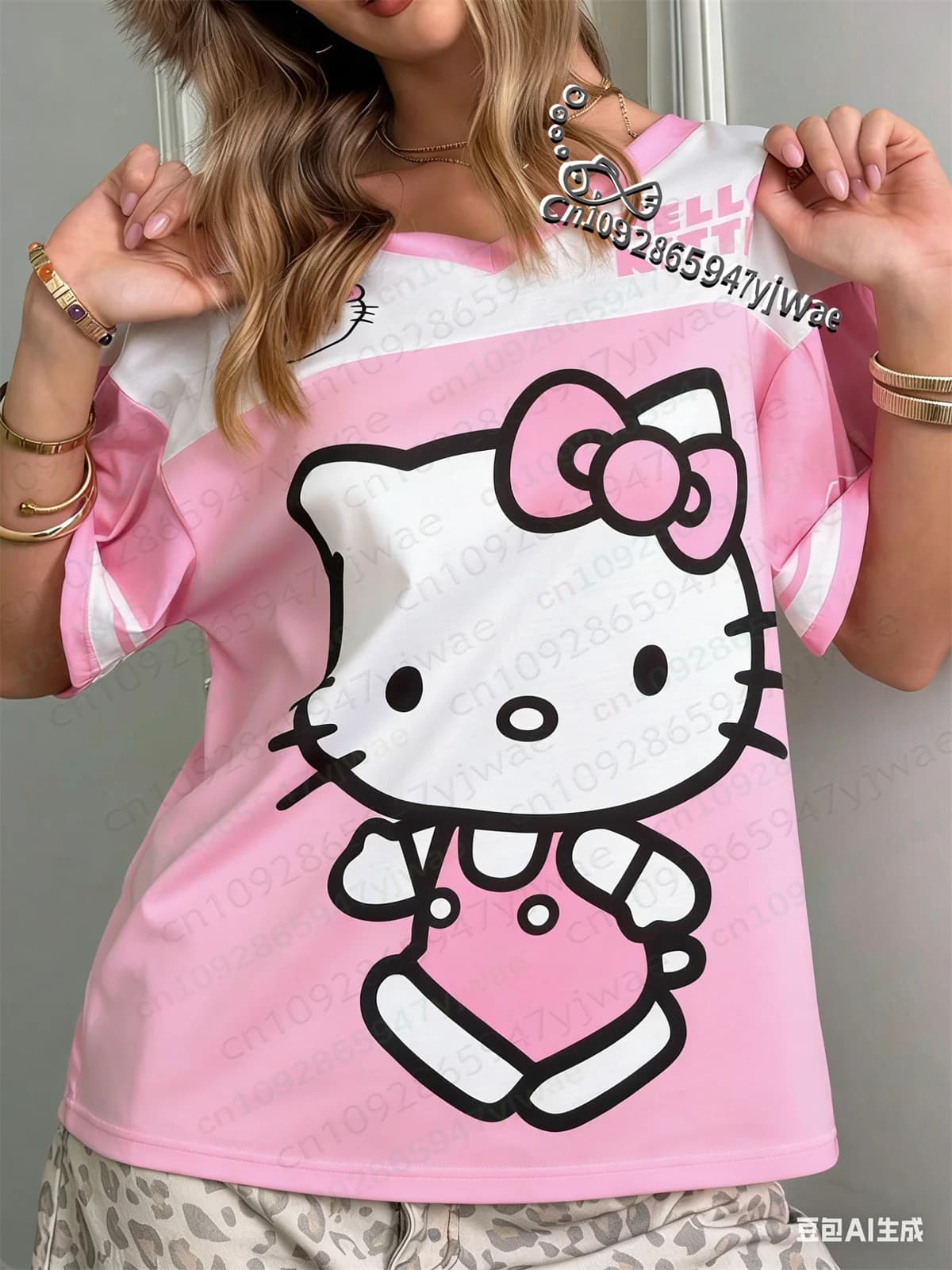 HELLO KITTY T-shirt da calcio per ragazza, rosa e bianca, con motivo a cartoni animati, T-shirt sportiva alla moda Y2k, T-shirt per bambini e adulti