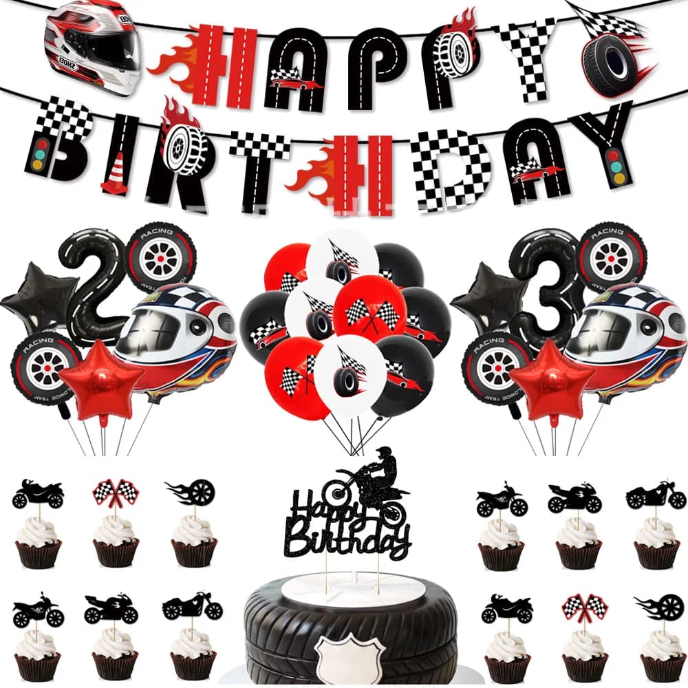 Motorcycle 2 3rd Birthday Party Decorations Motor Helmet Balloon Set Cake Toppers Banner Man Boys Motocross Sport Party Supplies