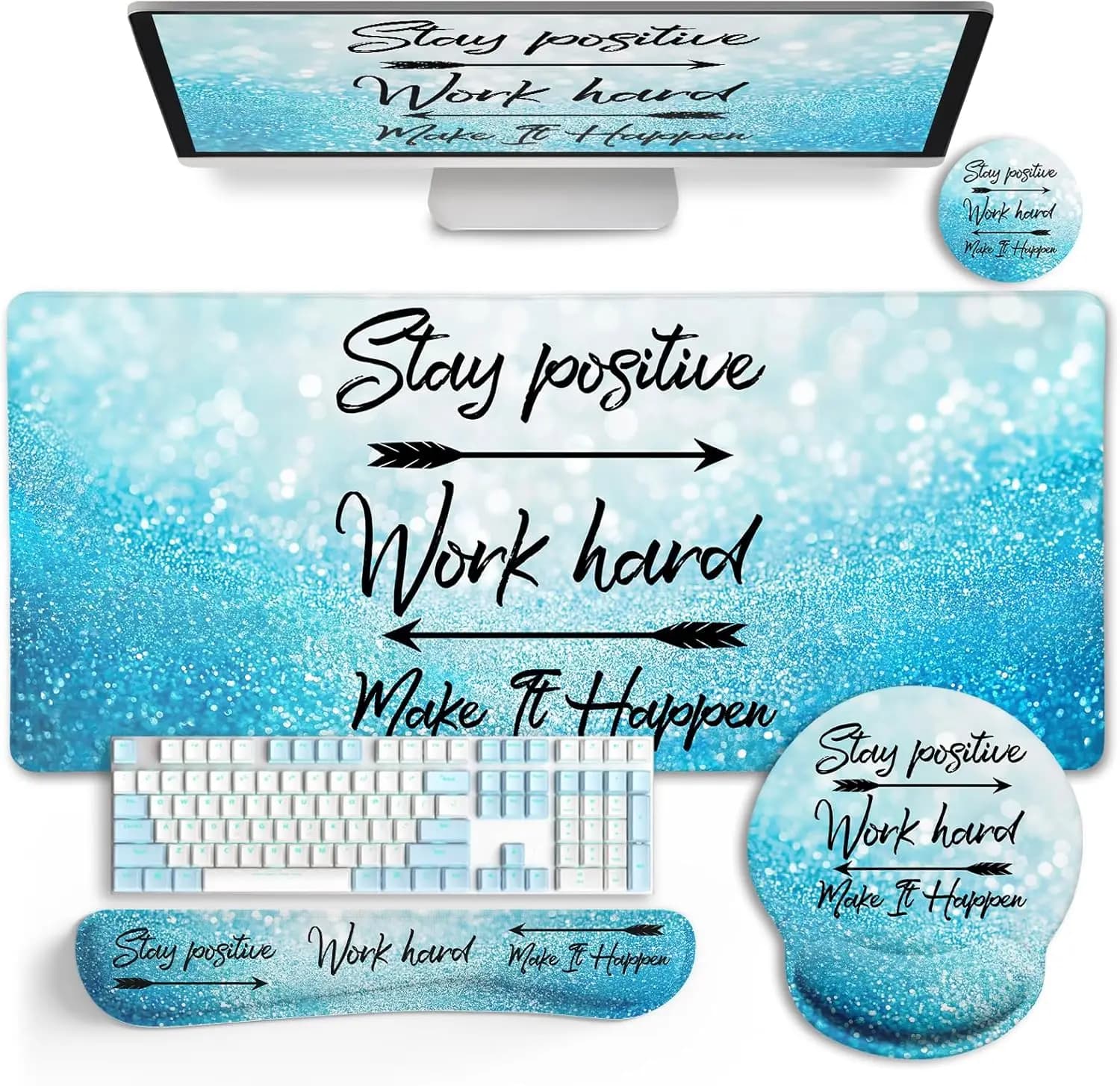 Tappetino da Gaming XXL con Poggiapolsi, Set Ergonomico per Mouse per Arredamento Casa e Ufficio, Design 'Stay Positive'