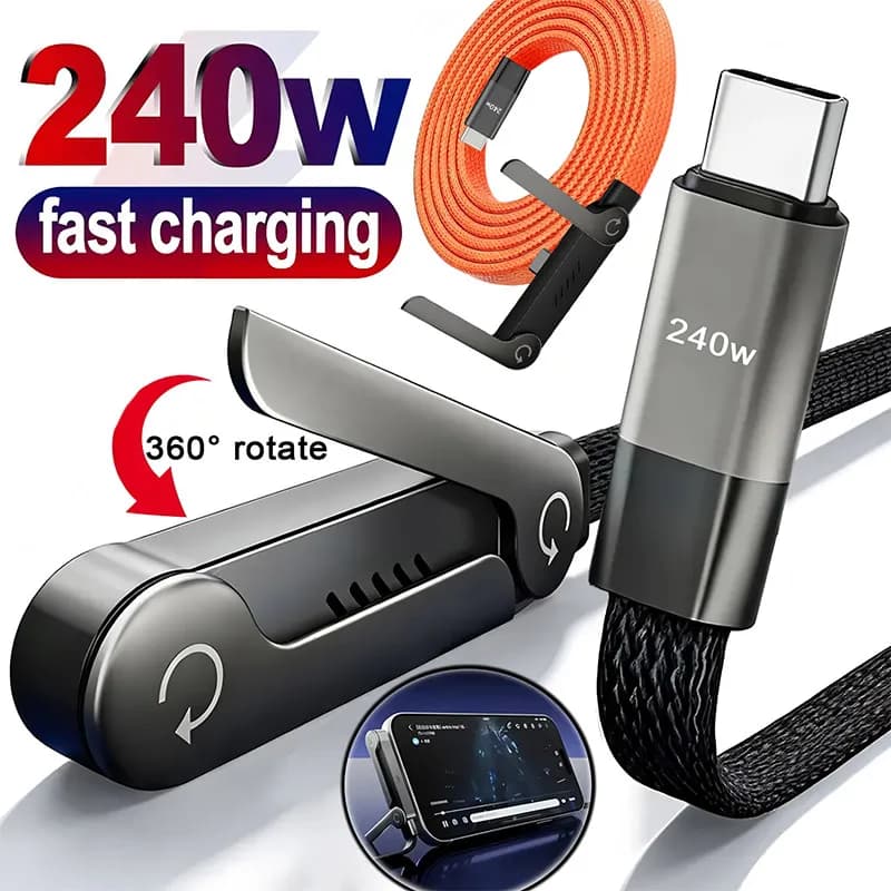 Cavo di ricarica USB Type-C da 240W super veloce 2-in-1 con supporto pieghevole, cavo caricabatterie per telefono da USB a C, da C a C