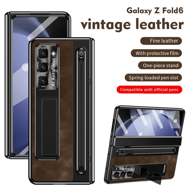 Custodia di lusso in pelle con cerniera per Samsung Galaxy Z Fold 7 4 5 6 (con penna) con supporto e pellicola protettiva temperata, slot per penna e cover