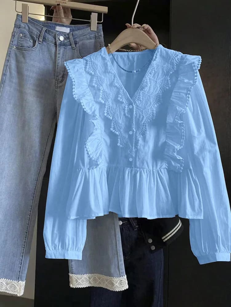 Fashion New Spring and Autumn V-neck Lace Straight Women's Long-sleeved Chiffon Shirt Elegant Slim Women's Casual Office Blouse