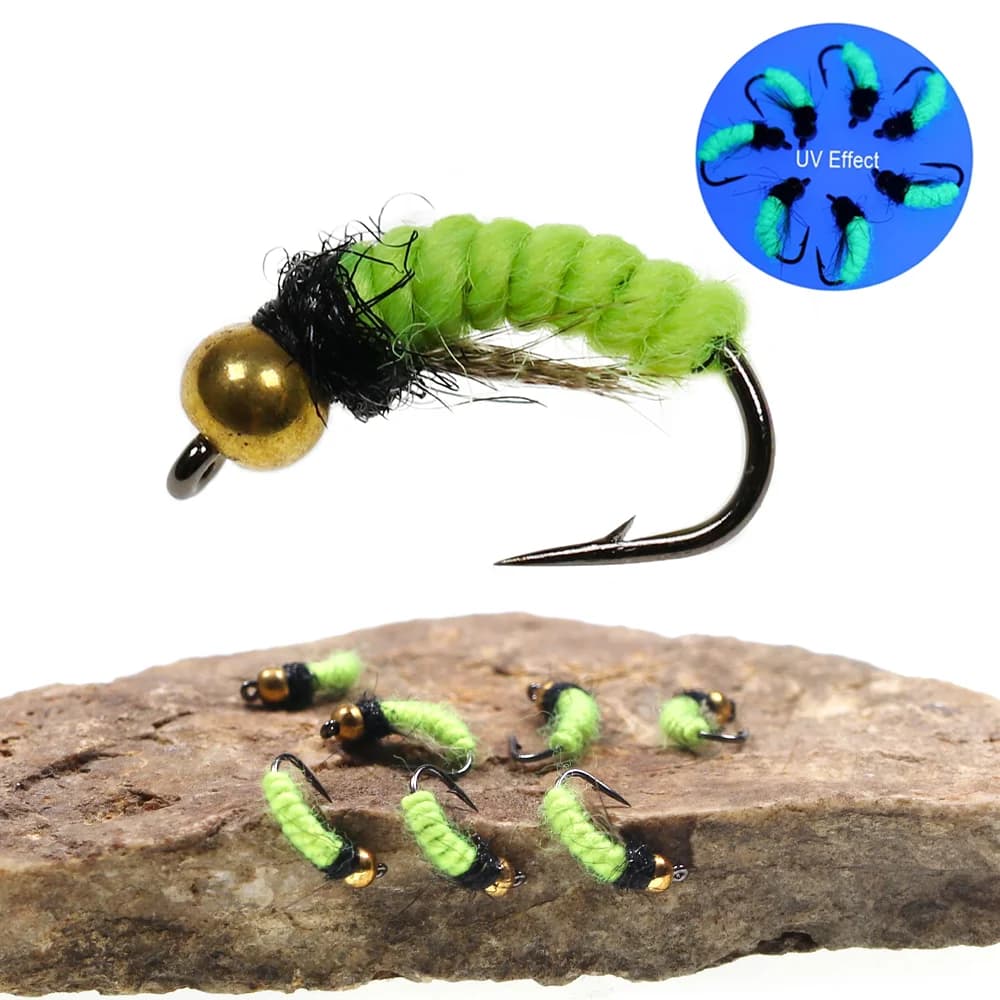 8 pezzi # 10 # 12 Mosche Artificiali con Testa in Ottone, Verdi UV, a Forma di Scud Nymph, con Amo Barbed, per la Pesca a Mosca Bagnata di Trota, Grizzly e Persico
