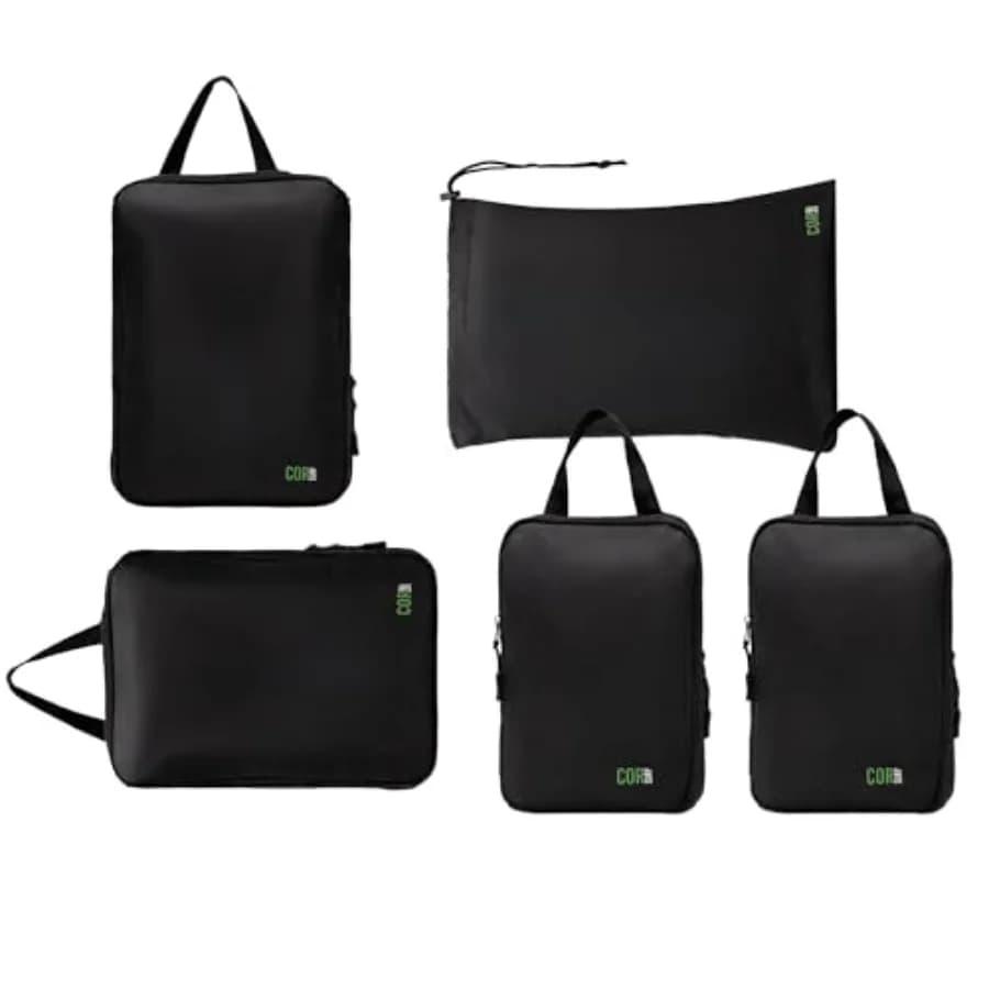 Set of 5 Compression Cubes to Organize Bags with Linen Bag or Black Shoes for Effective Valigia Organization