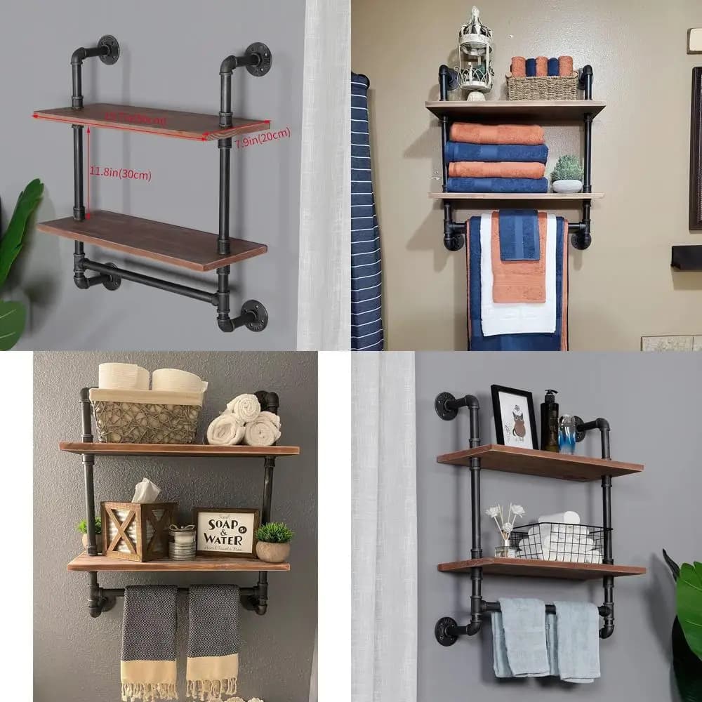Ripiani galleggianti rustici in legno a 2 livelli con portasciugamani per supporto a parete per bagno