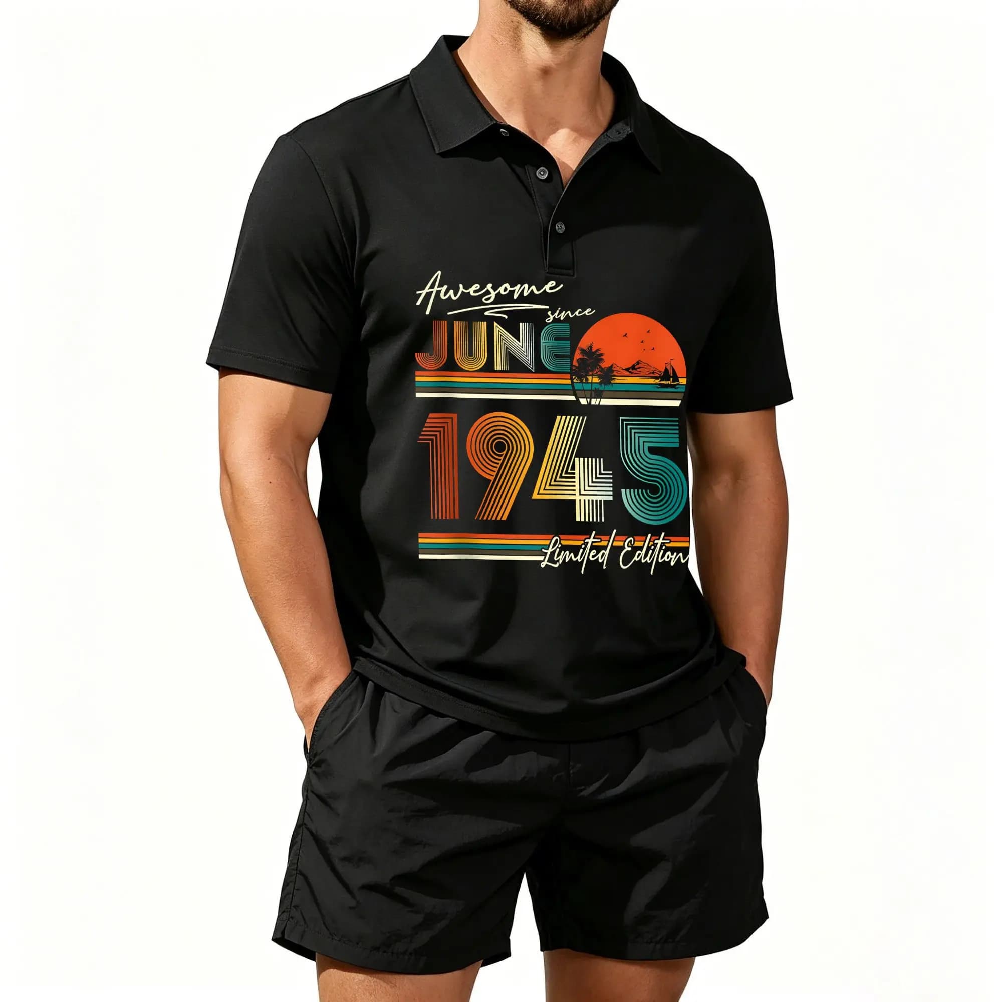 Men's Polo Shirt and Beach Shorts Set, Exclusive Commemorative Edition Born in June 1945, Born to Be Outstanding, with a Casual and Comfortable Fit, and a Well-Fitted Upper Body