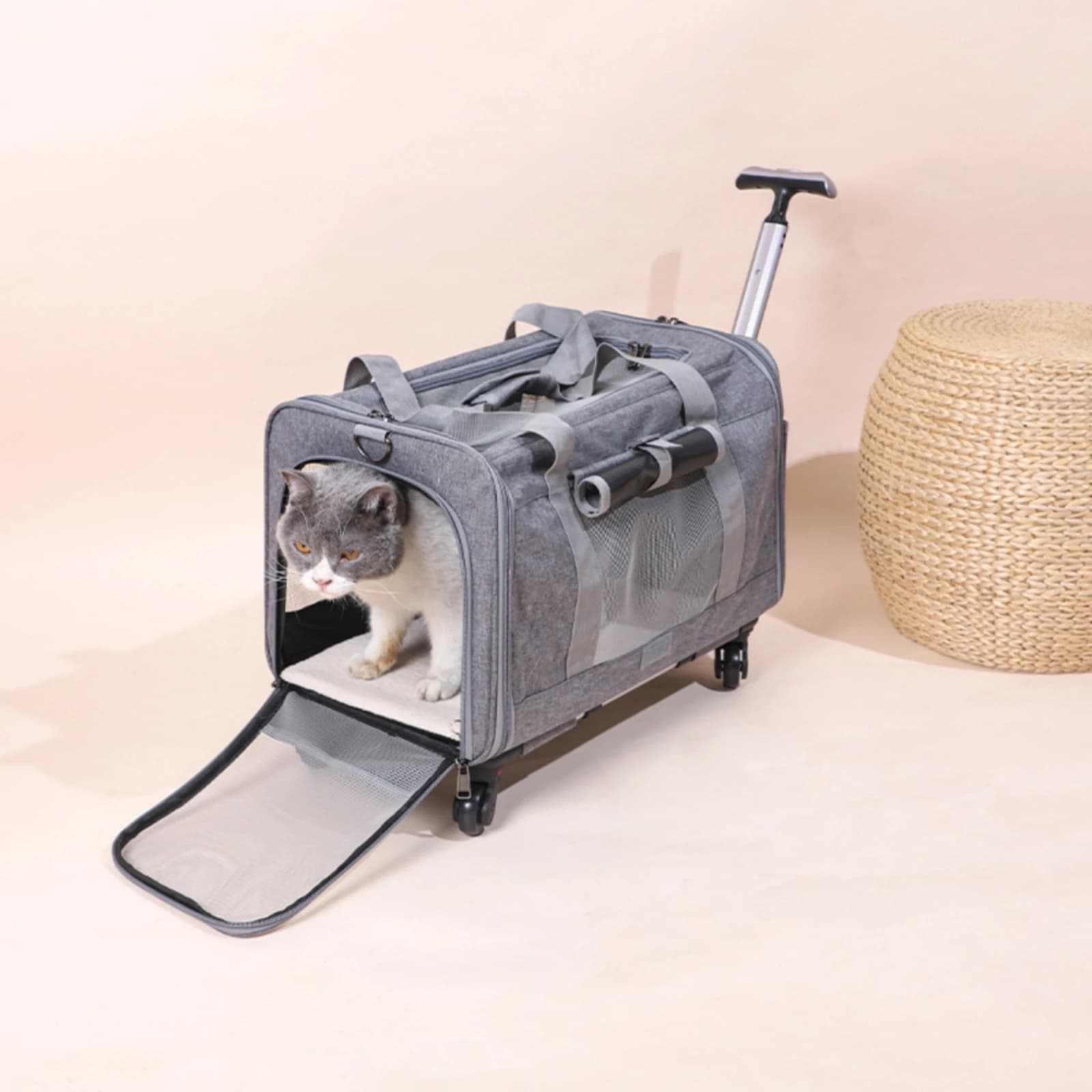 Rolling Pet Carrier Telescoping Handle Wheeled Pet Carrier Collapsible Travel Bag Reinforced Edges Portable