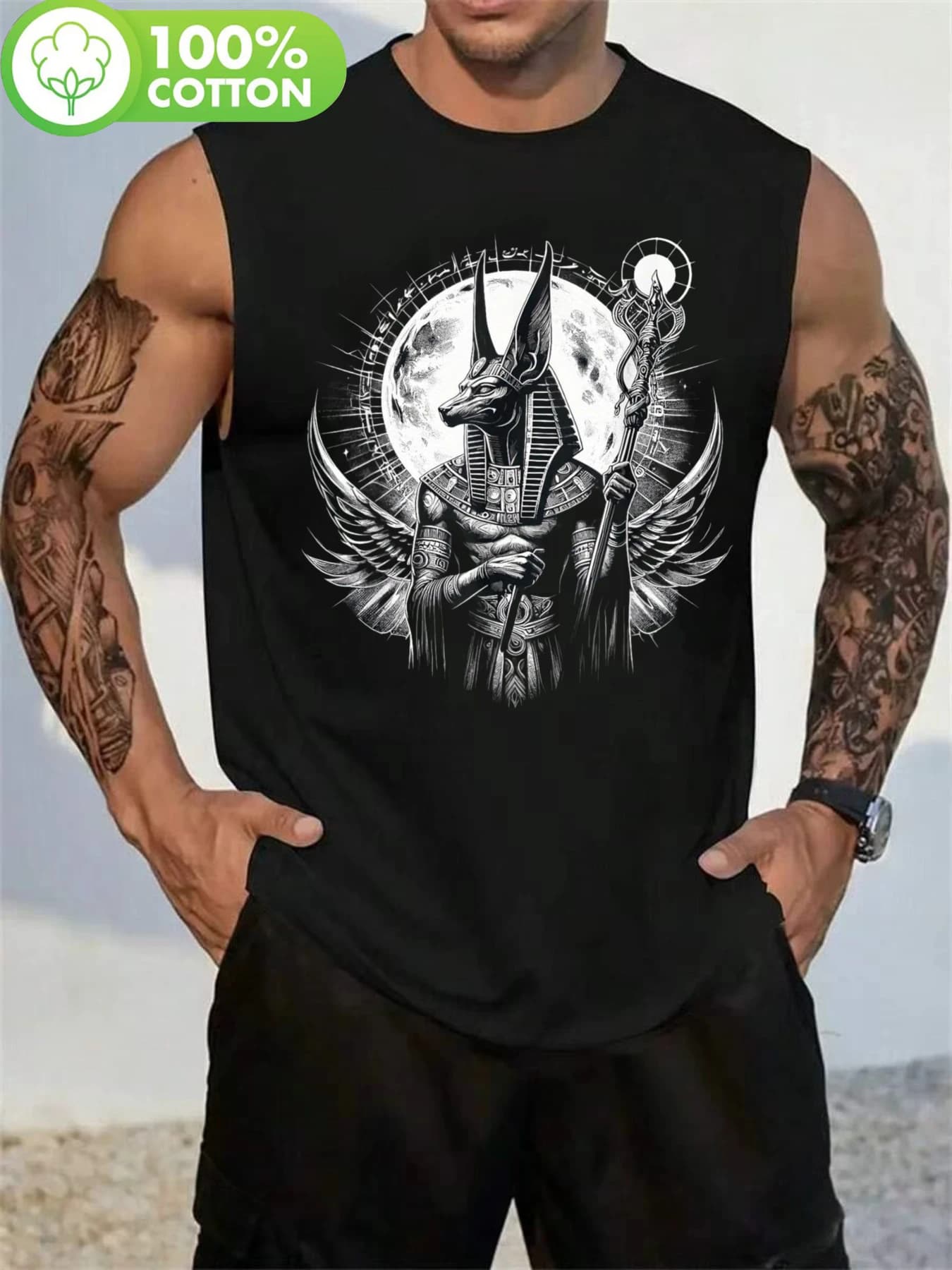 Men's Sleeveless vest with Egyptian god print Anubis - Breathable black T-shirt