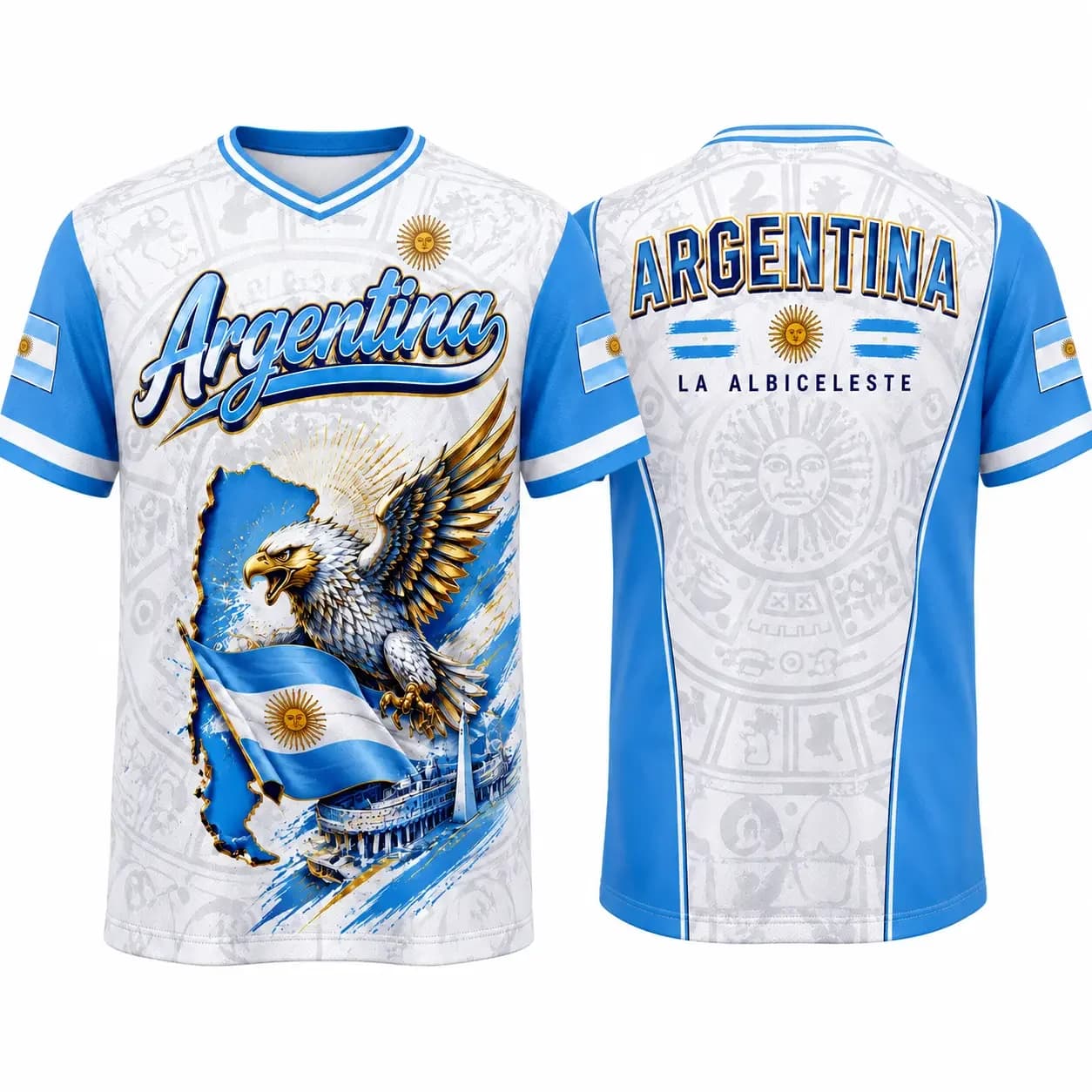 Argentina 2026 Eagle Crest Soccer Jersey - Blue & White Aztec Pattern Design Vintage-Inspired Football Fan Shirt for Men