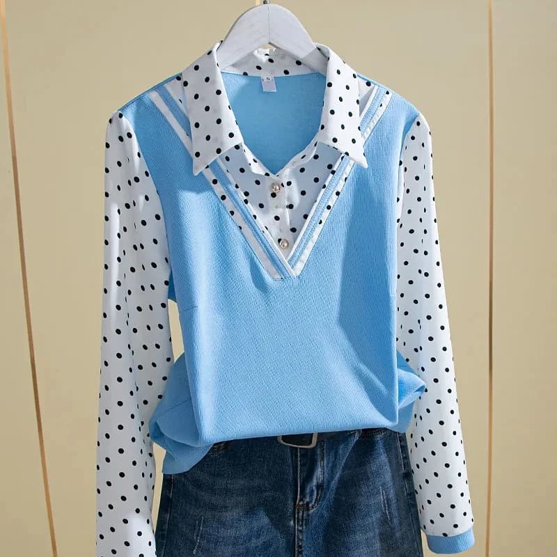 Camicetta a maniche lunghe da donna con due camicie finte primavera estate con stampa a pois Top versatili alla moda da donna 5XL