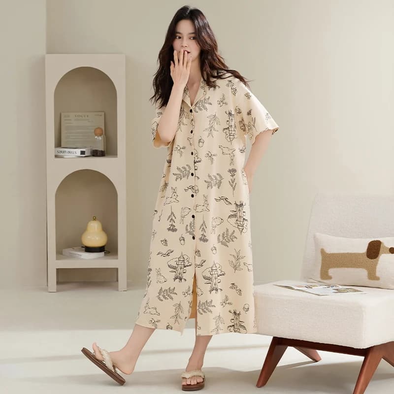 Newest M-4XL Women Short Sleeve Nightdress Female 100% Cotton Turn-down Collar Sleepdress