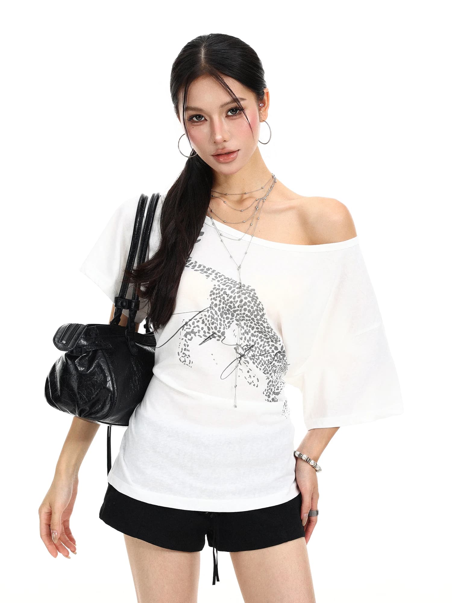 Summer Casual Style Women's T-shirt Leopard Print Shoulder Bared Short Sleeve Loose Fit Comfortable Breathable Casual Top