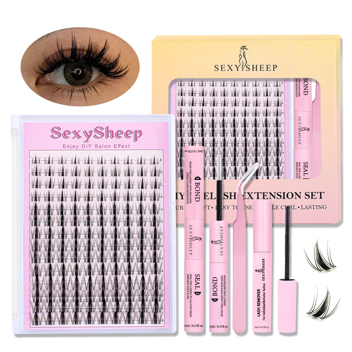 DIY eyelash extension set natural eyelash group set D curl single false eyelash group with bond and seal ,remover,tweezer