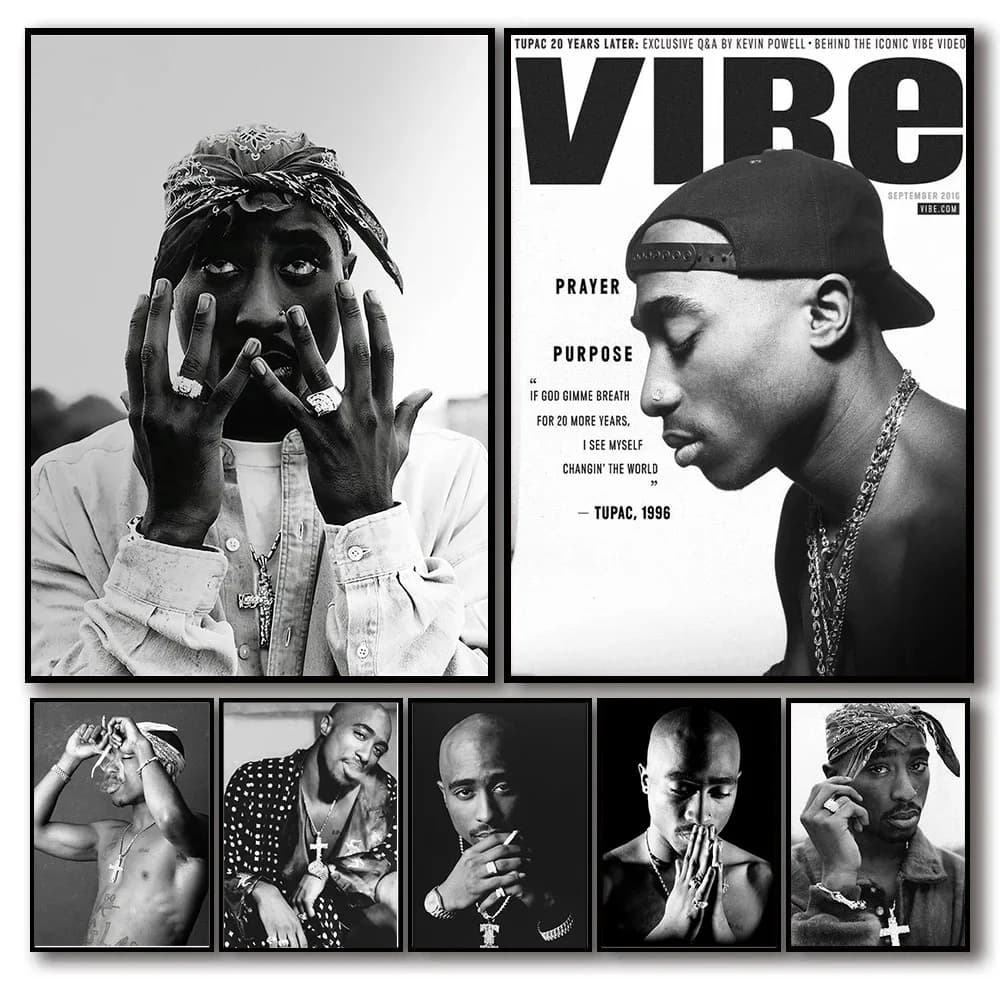 Nero e bianco Pop Hip Hop Rapper 2PAC Poster Tupac Music Album Cover Estetica per la stanza Tela Pittura Arte della parete Decorazioni per la casa