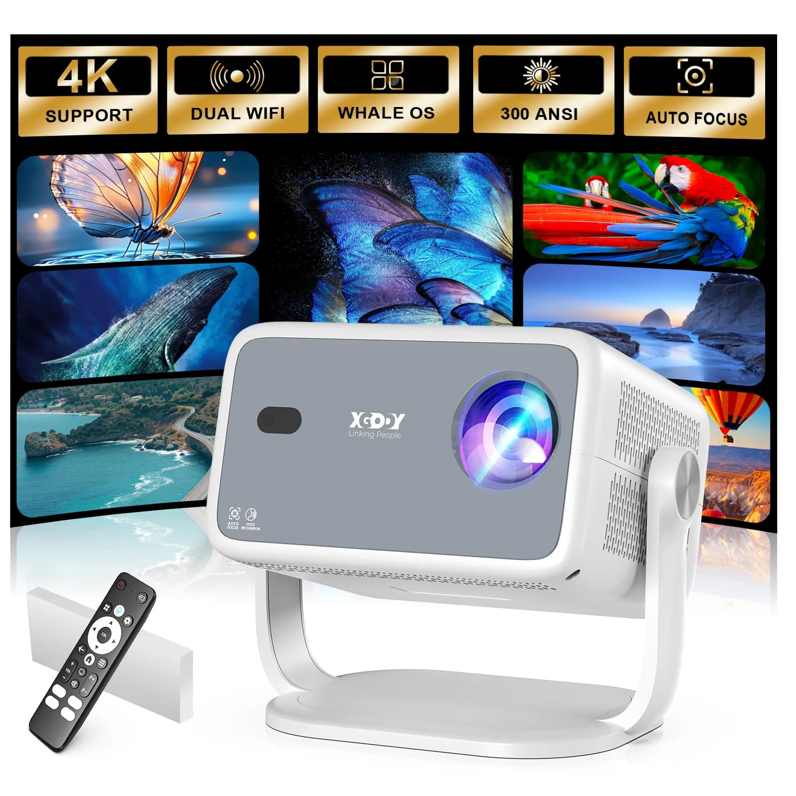 Proiettore XGODY compatibile con Netflix 4K Native 1920*1080P 300ANSI con Focus Wifi6 BT5.2 Proiettore domestico per esterni