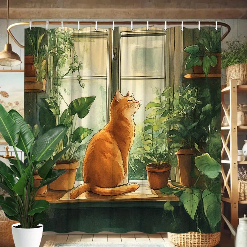 Watercolor Relaxed Orange Tabby Cat Sitting On Window Sill Surrounded By Lush Green Potted Houseplants Print Shower Curtain Wate