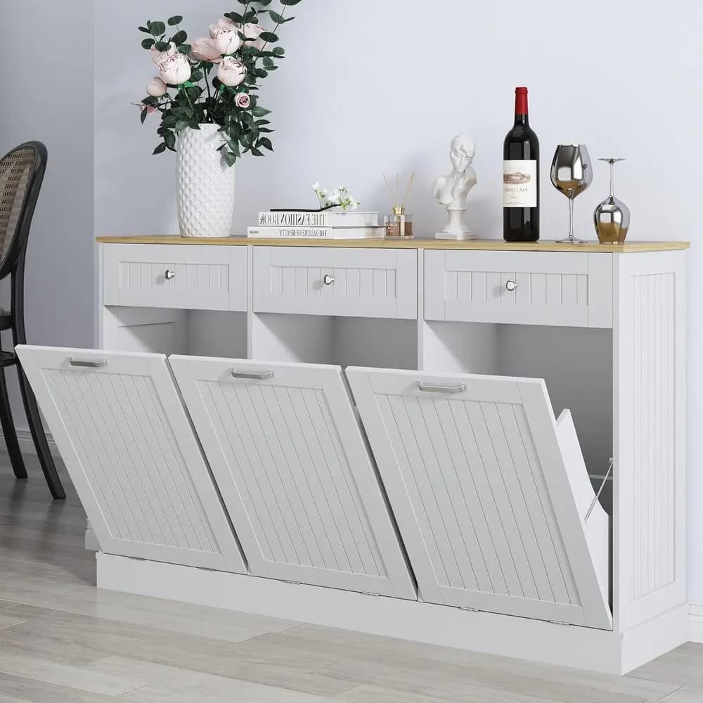 Mobiletto per Rifiuti a Tre Scomparti con Presa di Corrente, Armadio per Riciclaggio da 59 Pollici con 3 Cassetti, Mobiletto Nascosto in Legno per Rifiuti da Cucina
