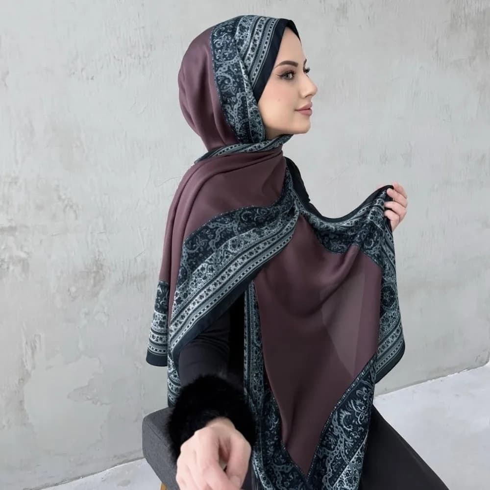 Elegante Sciarpa in Chiffon Stile Etnico, Stampa Sottile, Foulard Lungo 70*170cm, Turbante Islamico Femminile