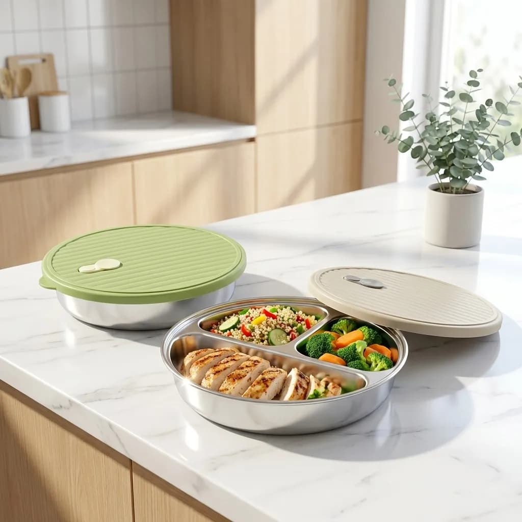 Piatto da pranzo rotondo con scomparti, 1/2 pezzi, in acciaio inossidabile 304, piatto diviso per insalata, per donne che vogliono perdere peso, stoviglie.