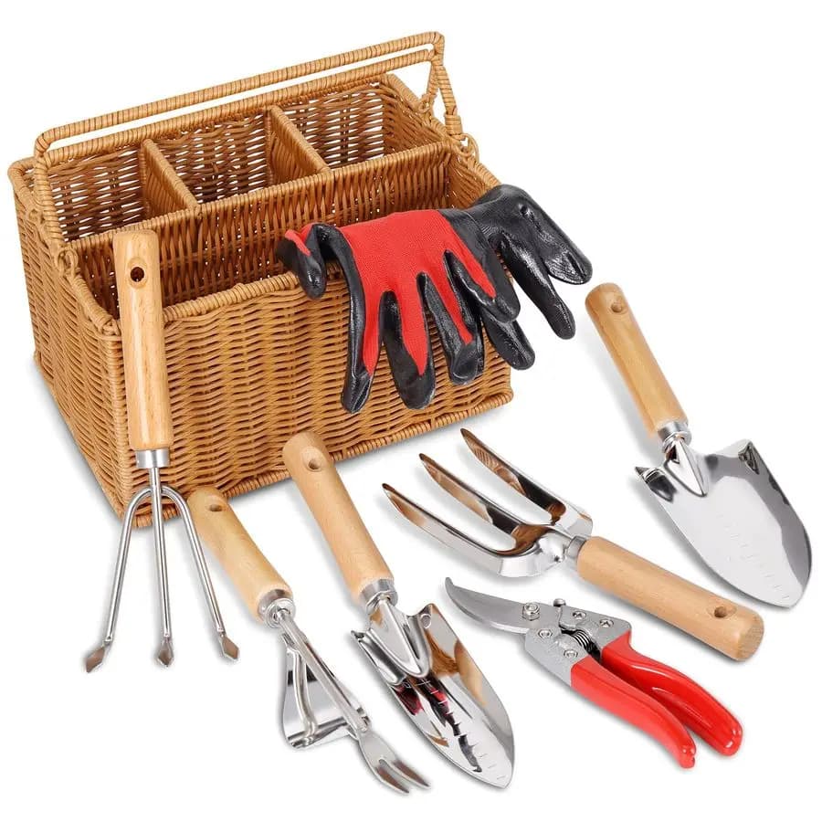 Set of Gardening Tools with Basket, Tools Stainless Steel Manuals Resistant with Wood Handle, Power Baskets, Gloves, Perfect Set