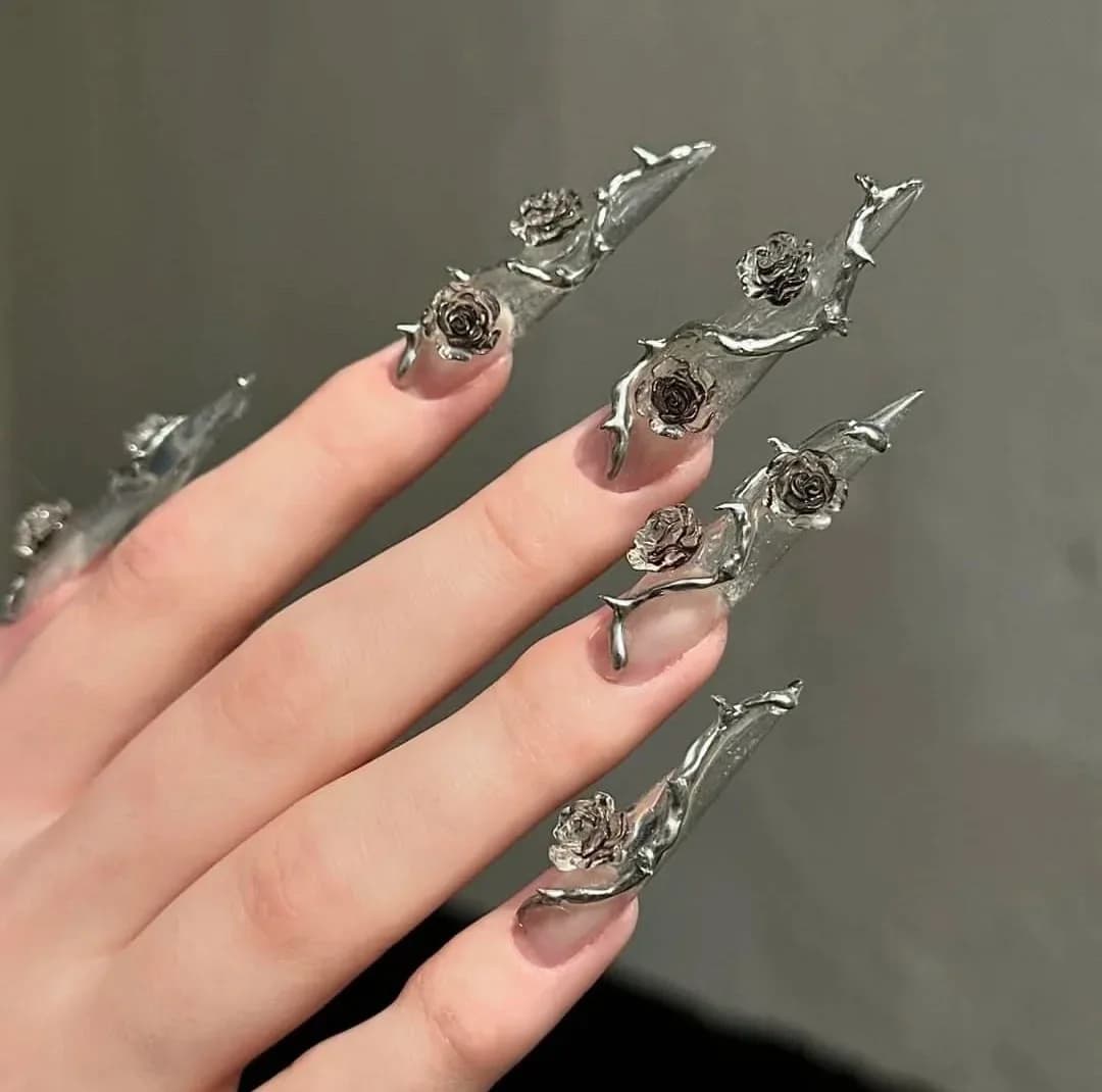 10 pezzi fatti a mano Y2k Hot Girl Press on Nails Black Rose Wearable Metal Long Almond unghie finte riutilizzabili Full Cover Nails Art