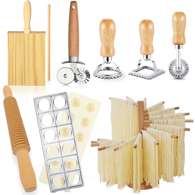 Mattarello per ravioli in legno Stendino per pasta pieghevole Stampo per ravioli Timbri per pasta Ruota a rulli Affettatrice per pizza per strumenti per la produzione di pasta