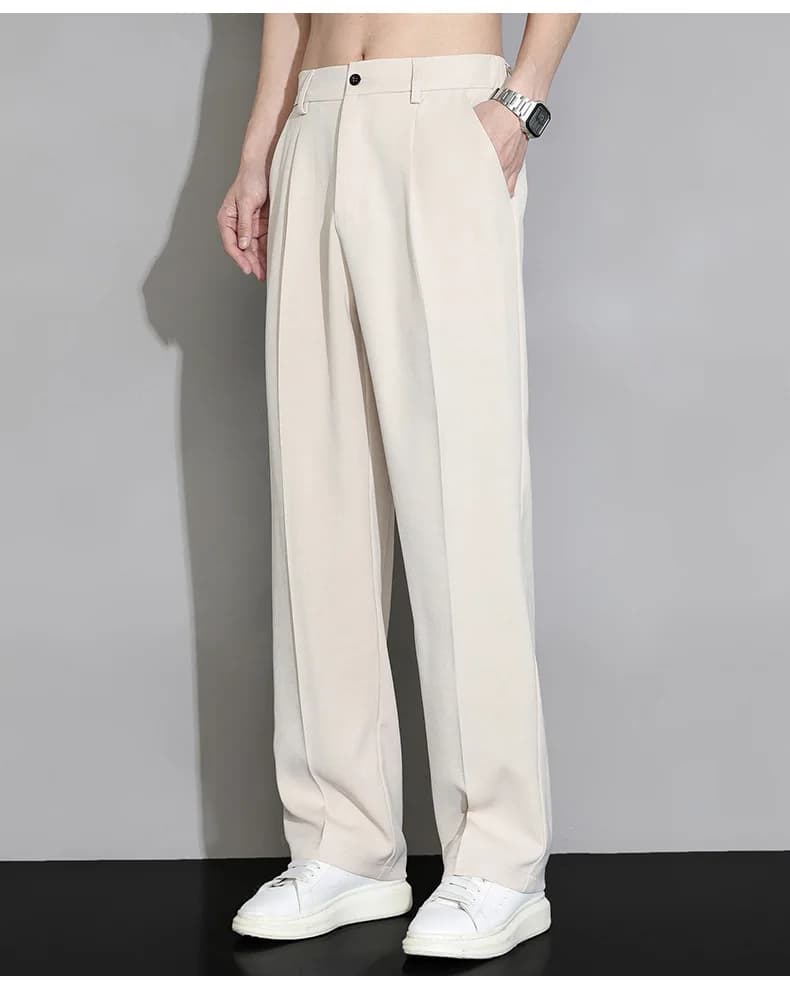 Pantaloni Eleganti Bianchi Drappeggiati - Pantaloni Casual Larghi e Dritti in Stile Coreano per Uomo, Pantaloni Formali da Ufficio per Moda Maschile