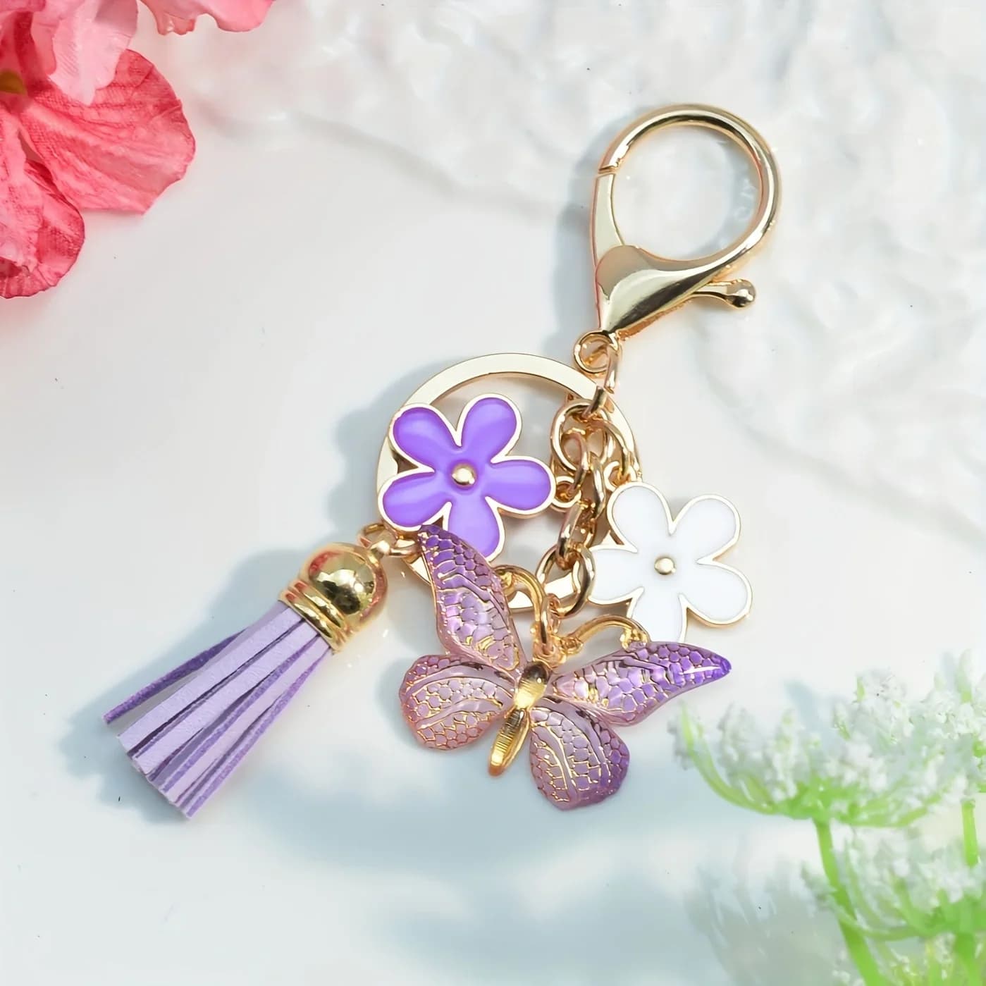 1 pz Nuovo Elegante Ciondolo Portachiavi in Lega con Farfalla Floreale e Nappa, Charm per Borse, Zaini e Borsette, Accessorio per Donna