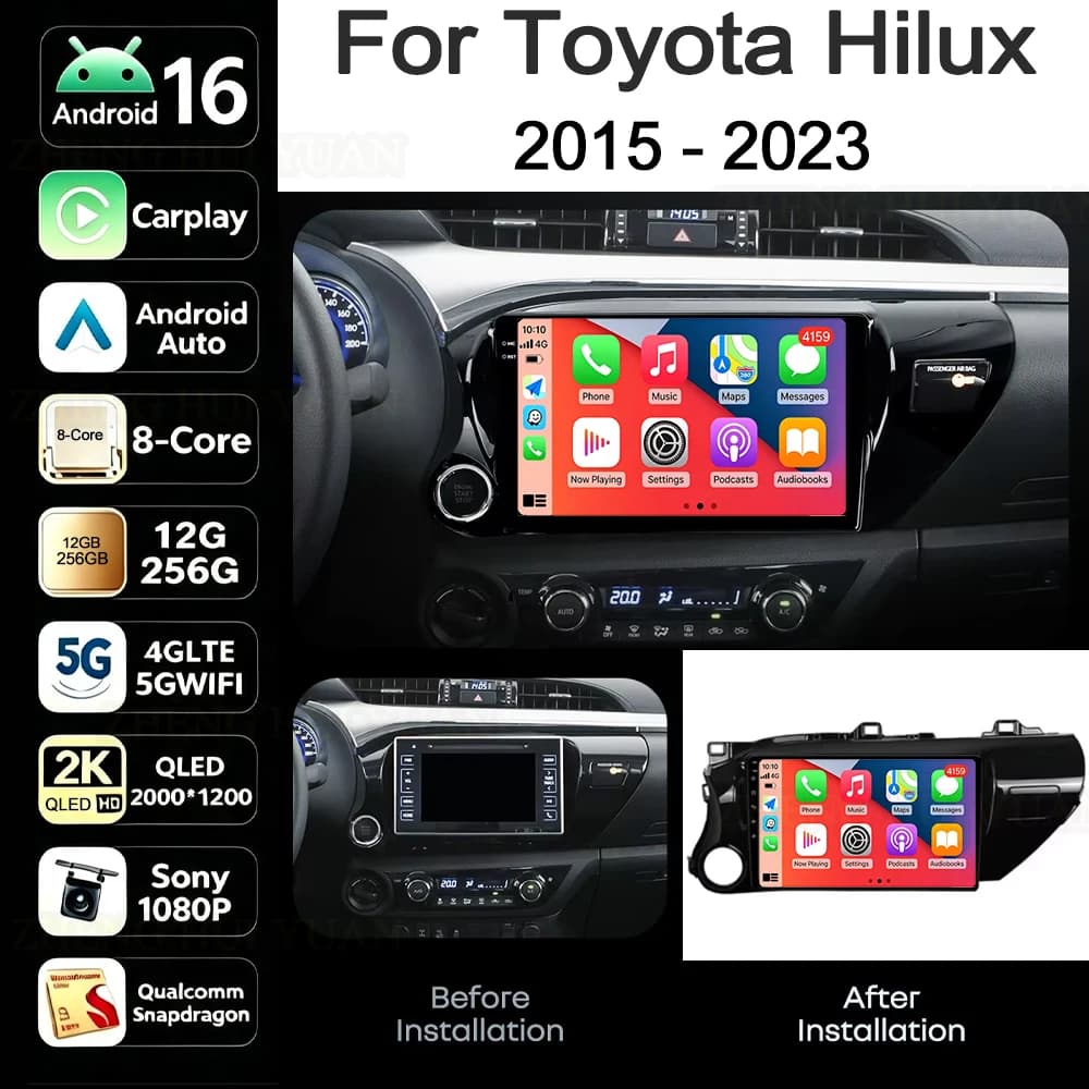 For Toyota Hilux LHD 2015 2016 2017 2018 2020 2021 2023 Android 16 Carplay Auto GPS Navigation Radio Multimedia Player 2Din Head