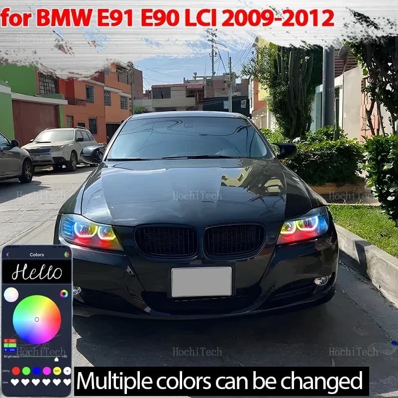 Kit Fari Alogeni con Anelli Luminosi RGB Dinamici e Luci Diurne a LED Angel Eyes con Indicatore di Direzione per BMW Serie 3 E90 E91 Facelift 2009-2012