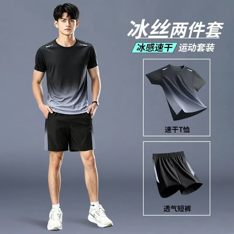 2026 New Model Quick-Dry Sports Set Men's Silk Short-Sleeved T-Shirt Running Fitness Shorts Training Clothing