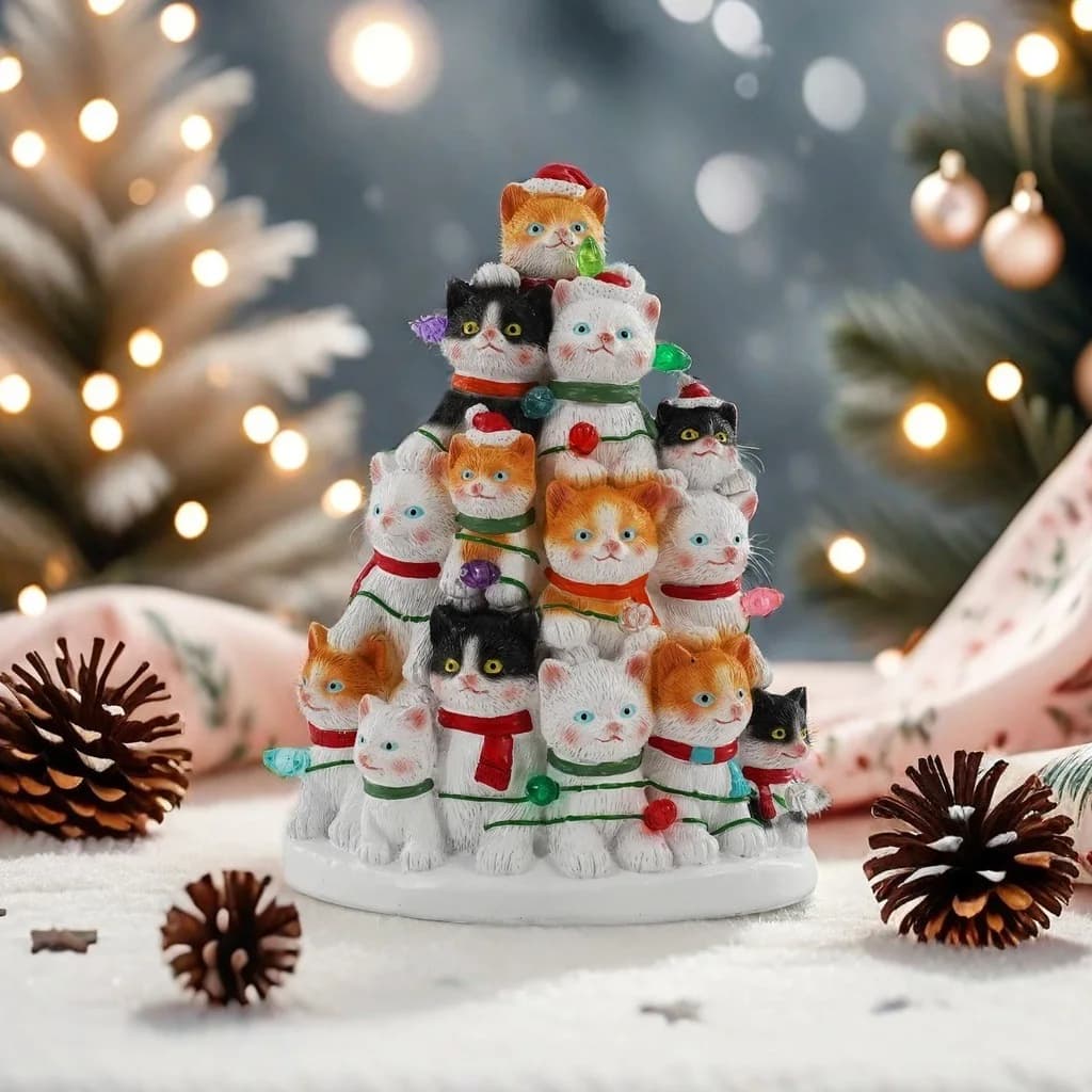 Albero di Natale in Resina Artigianale con Gatti, Decorazioni Natalizie con Luci LED, Alberi di Natale per Feste Natalizie
