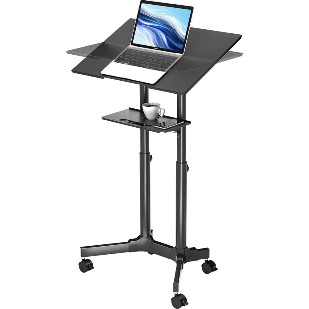 Scrivania portatile per laptop in piedi regolabile in altezza con vassoio portaoggetti, tavolo mobile con rotelle per l'aula dell'ufficio domestico