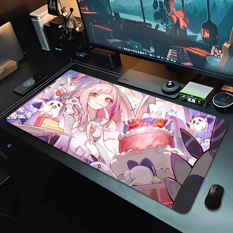Tappetino per mouse da gaming, tappetino da scrivania, base antiscivolo, bordi cuciti, graziosa ragazza anime rosa con stampa di torta, liscio per l'ufficio e il gaming