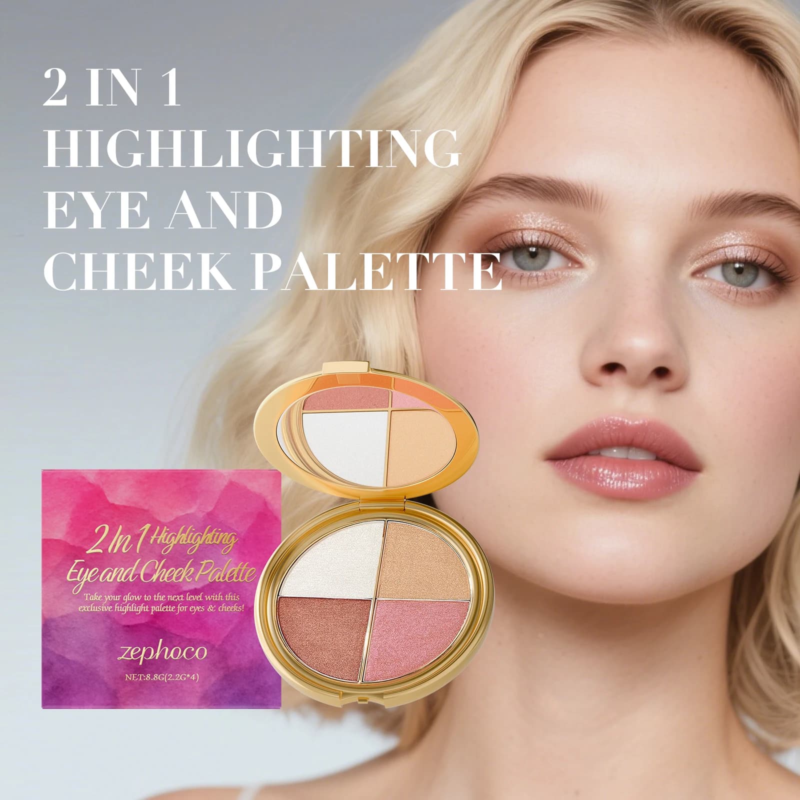 Palette 4-in-1: Blush, Illuminante, Ombretto, Crema Contorno Viso, Polvere Illuminante per Guance, Palette Multifunzione per il Trucco