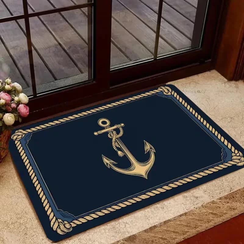 Navy Blue Golden Anchor Nautical Rope Border Doormat Non Slip Coastal Sailor Welcome Rug Classic Marine Style Decor Carpet