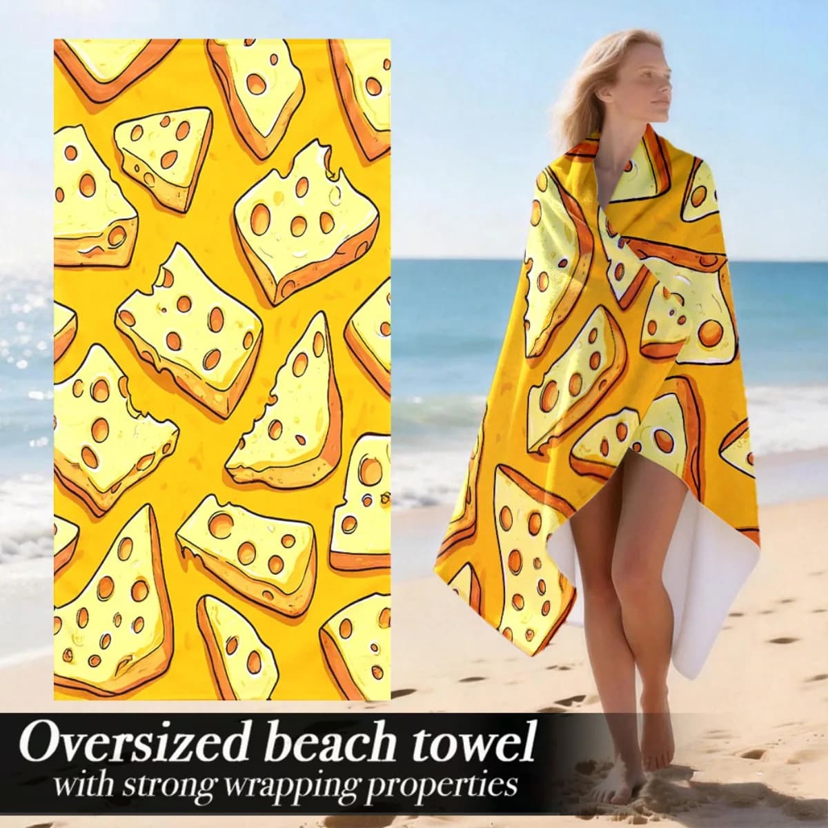 Simpatico telo mare oversize con stampa a formaggio, con protezione solare e antivento, adatto per piscina, campeggio, viaggi, coperta da viaggio