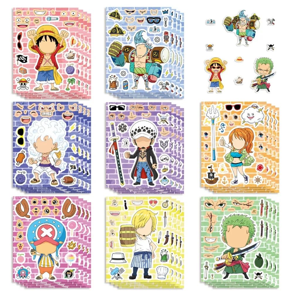 8/16/24Sheets One Piece Luffy Children Puzzle Stickers Make-a-Face Assemble Scrapbook, mobile phone, notebook, party gift