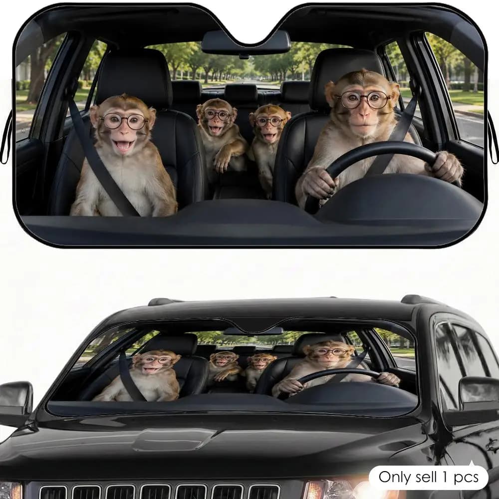Parasole per Parabrezza Auto Nerd Monkey con Occhiali Rotondi, Protezione UV, Riflettente, Pieghevole, Isolamento Termico