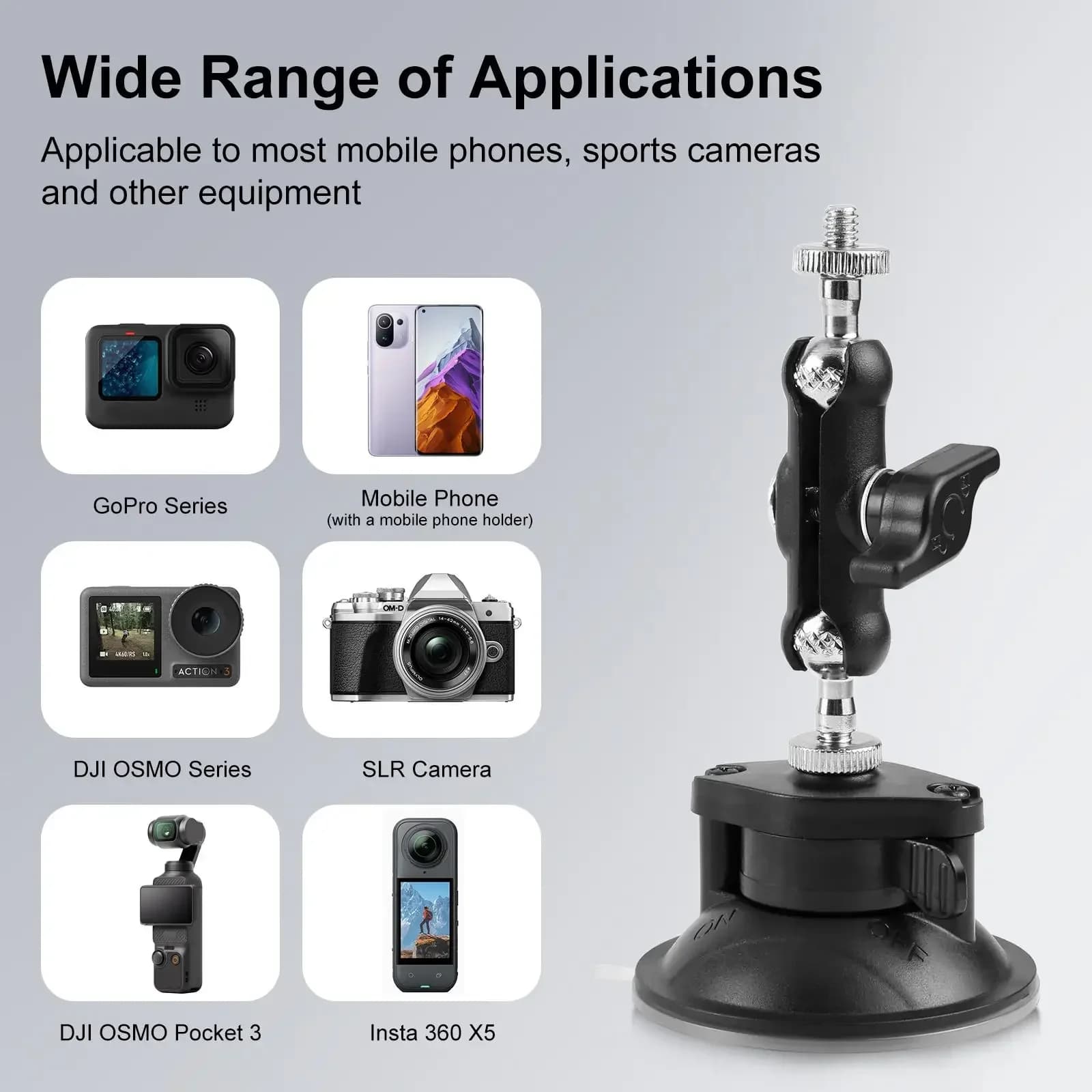 Car Windshield Suction Cup Holder 1/4 Screw Mount Compatible Action Camera & Smartphone Accessory
