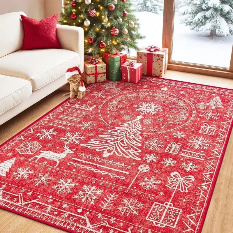 Red Christmas Folk Art Area Rug Non-Slip Reindeer Snowflake Floral Xmas Carpet Living Room Bedroom Indoor Holiday Floor Mat