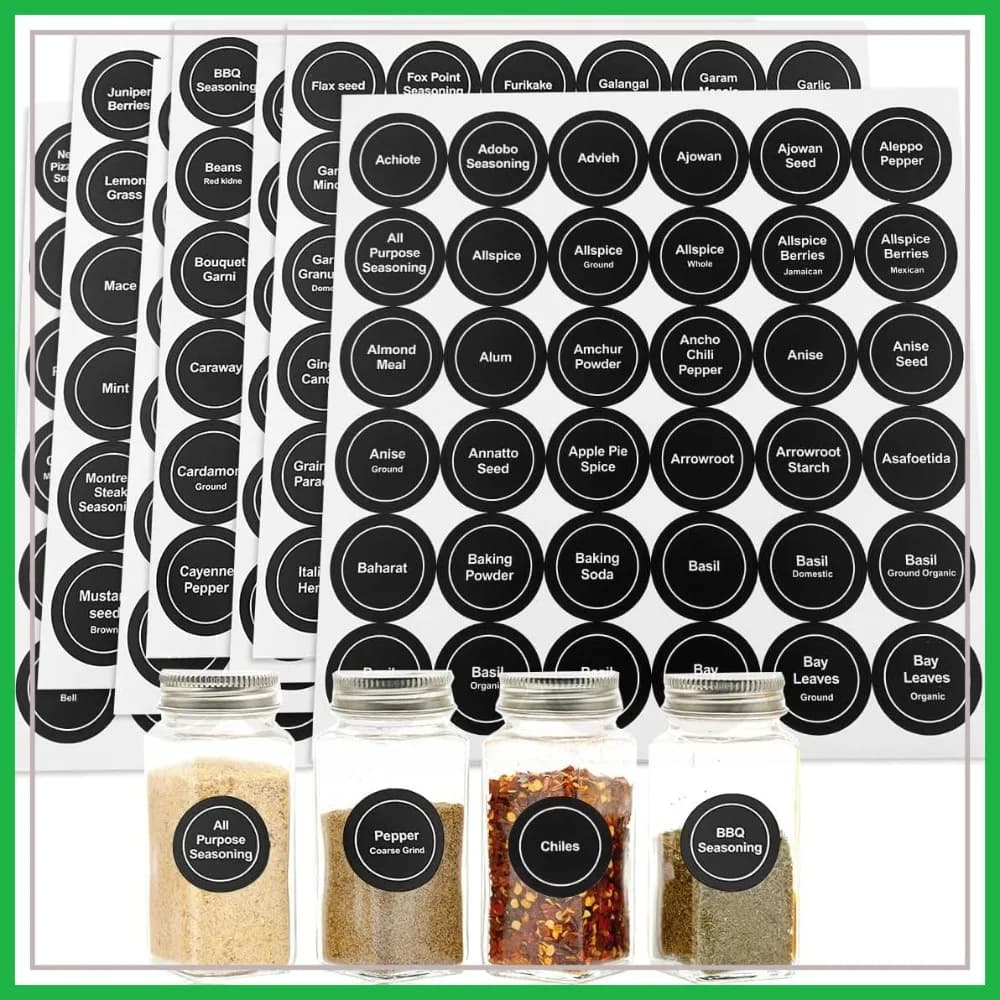 432 Etichette Adesive per Spezie, 1.4 Pollici, Impermeabili, Pre-Stampate, Rotonde, per Barattoli da Cucina, Coperchi, Contenitori Alimentari, Organizzatori